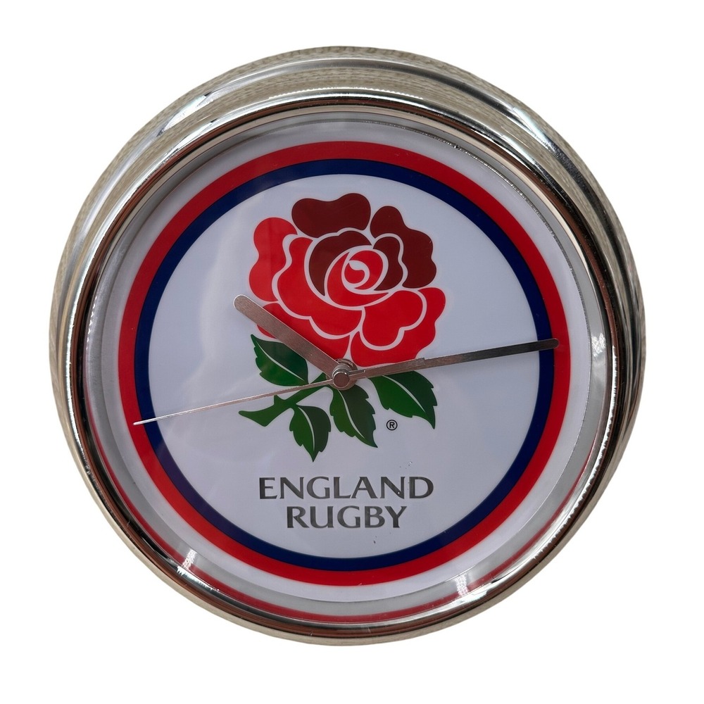 England Rugby Clock Wesco Red Rose Logo 12 Inch Silver Chrome Sports Decor 2007
